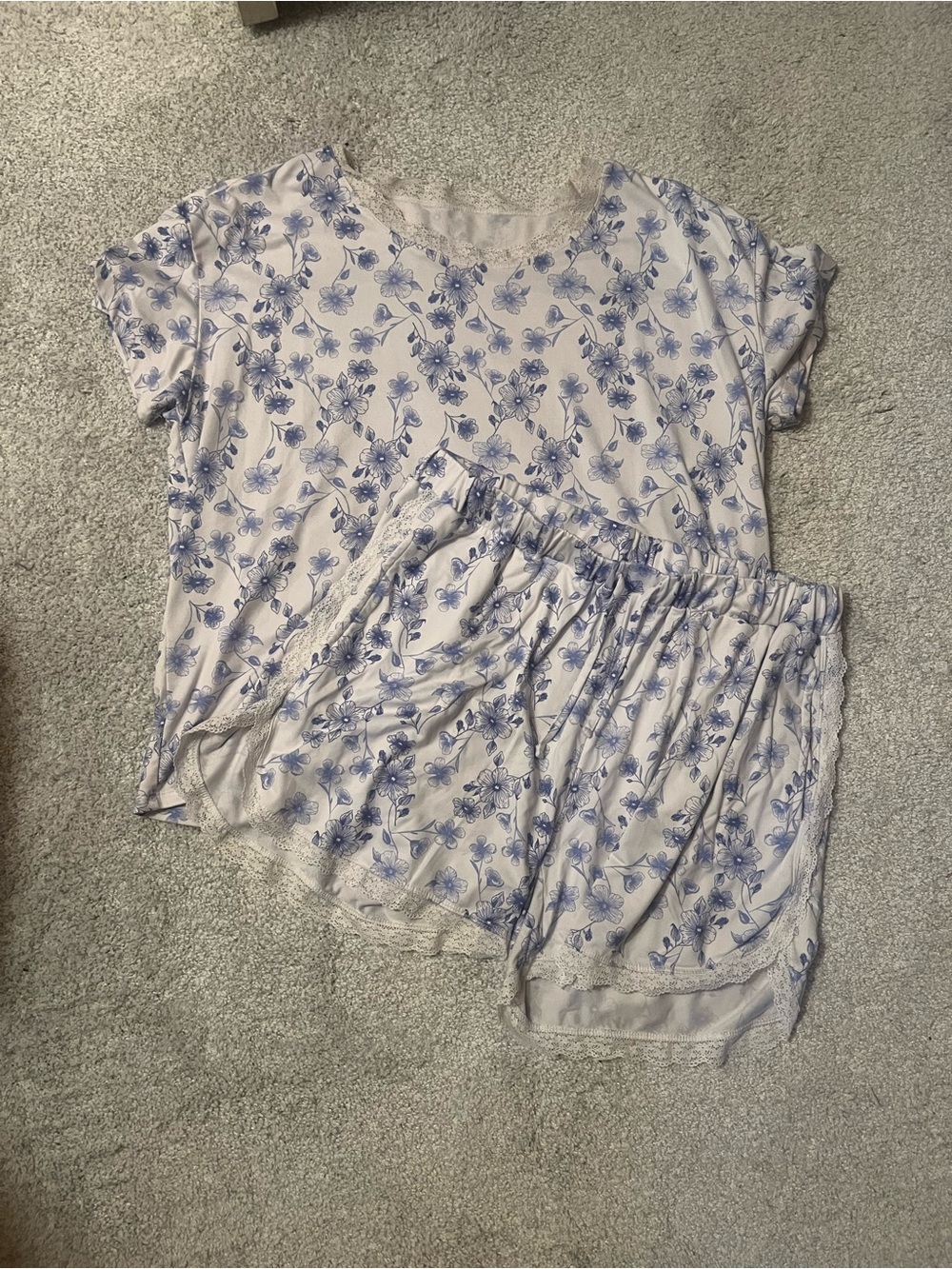 Soft White Short Sleeve Pajama Set with Blue Floral Print